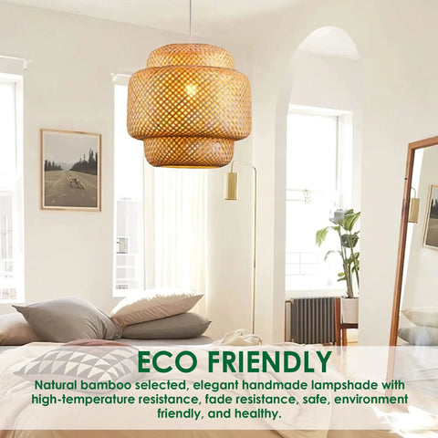Boho Rattan Pendant Light With Natural Bamboo Lantern Shade Rustic Wicker Chandelier hanging in modern bedroom