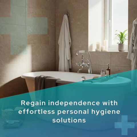 Stylish bathroom with tub, promoting Long Reach Toilet Wiper And Bath Brush Set For Easy Hygiene For Elderly And Disabled.
