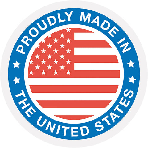 Proudly made in the United States sticker featuring a red, white, and blue American flag design.