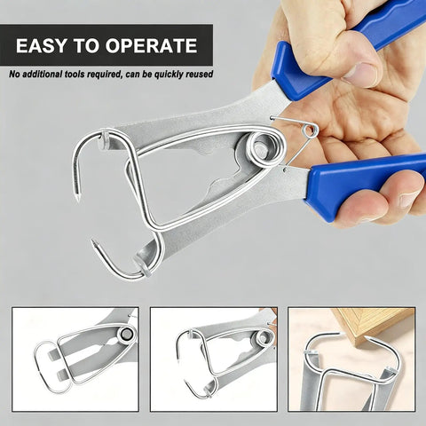 Woodworking Miter Spring Clamps Kit With Spring Loaded Pliers in use with blue handle, adjustable for thin board joint assembly.