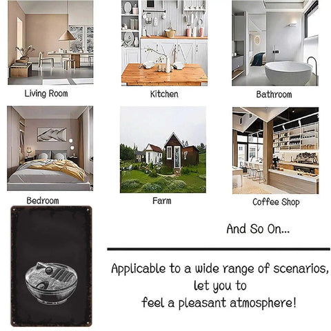 Collage showcasing rooms and locations for Funny Ramen Menu Metal Sign Tin Wall Art 8x12 Inch Vintage Rustic Decor display.