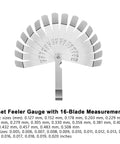 Offset steel feeler gauge with 16 blades in a fan layout; metric and imperial markings.