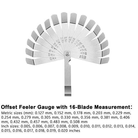 Offset steel feeler gauge with 16 blades in a fan layout; metric and imperial markings.