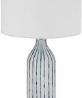 Hand Blown Aqua Grey Glass Table Lamp With Hardback Linen Drum Shade And Chrome Accents Modern Reading Light For Living Rooms Or Nightstands Adds Dope Vibe With Colorful Ambience And Soft Diffused Glow