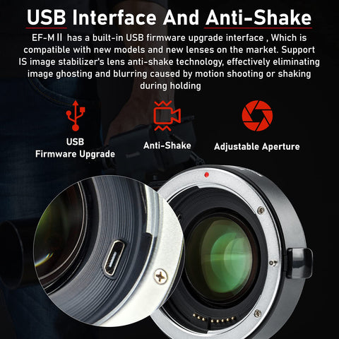 Canon EF To Sony E Mount Autofocus Speed Booster Adapter 0.71x showing USB interface and lens details