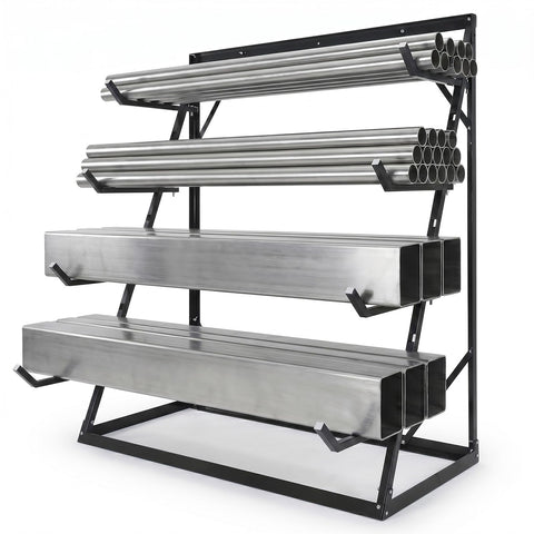 Heavy Duty 4 Tier Lumber Storage Rack With Adjustable Steel Frame And Tough As Nails Build holding PVC pipes and boards.