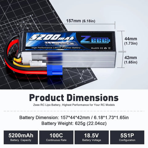 5S 5200mAh RC LiPo Battery 18.5V 100C Soft Pack With EC5 Connector, dimensions 157x44x42mm, shown on scale mat
