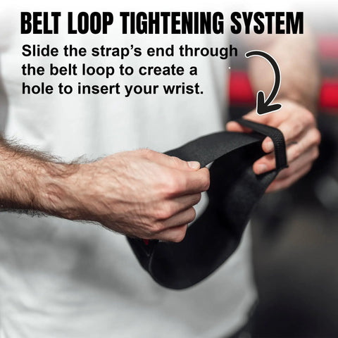 Close-up of hands holding 16 Inch Wrist Straps For Gym No Thumb Loops Durable Wrist Wraps For Powerlifting, showing belt loop tightening system.