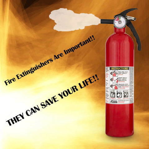 Get Your House Fortified With This Killer Set Of Seven Red Multipurpose Fire Extinguishers Rated 1-A 10-B-C Including A Sturdy Cleaning Cloth To Keep Your Gear Looking Sharp And Always Ready When You Need It Most. Red fire extinguisher with instructional label against a fiery background.