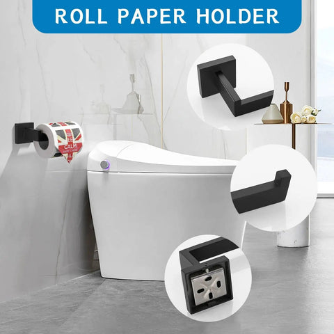 Matte Black 5 Piece Bathroom Hardware Set With Wall Mounted Towel Bar Towel Holder And Towel Racks Kit SUS304 Stainless Steel Rustproof Fixtures For Ultra Durable Bath Organization 23.6 Inch toilet paper holder details