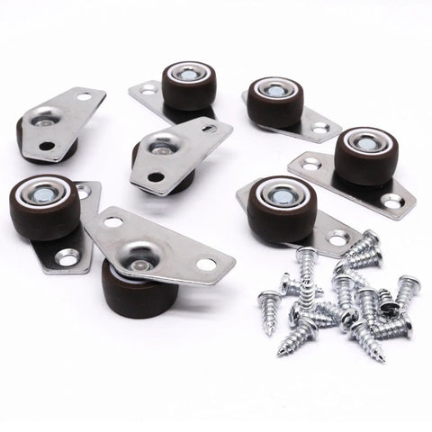 8 Piece Low Profile Mini Caster Wheels Set Side Mount Fixed Rollers Tight Slot Furniture Hack Zero Sweat Drawer Gliders Smooth Rider Heavy Duty Replacement Casters 36 Lbs Each with screws, showing sleek design and sturdy material.