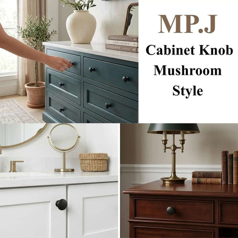 Matte Black Mushroom Cabinet Knobs Pull Handles For Kitchen Cabinets Vanities Dressers And Closets Easy Install Slick Dope Hardware Upgrade With Classic Round Top shown on blue, white, and wooden furniture.