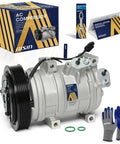 Heavy Duty AC Compressor With Clutch For Sweet Summer Cooling And Rock Solid Reliability Engineered For Smooth Highway Cruising, with installation manual and gloves.
