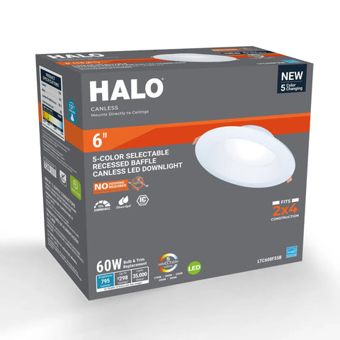 Six Inch Canless LED Recessed Ceiling Light Featuring Sleek Baffle Trim And Five Color Options packaging design, showcases selectability and installation info.