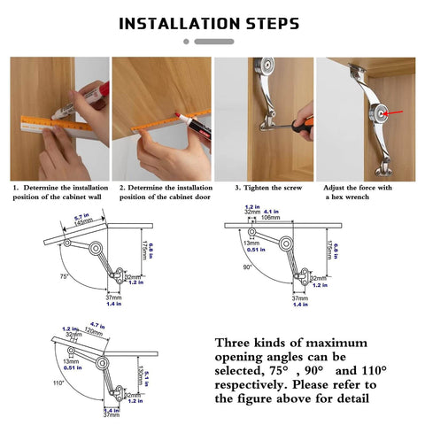 Installation steps for Heavy Duty Built To Last Soft Close Lid Support Hinges For Lids And Toy Boxes with measurements and adjustments.