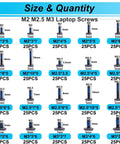Chart showing size and quantity details for 500Pcs Laptop Screws Kit With Blue Nylok Self Locking Screws 20 Sizes M2 M2.5 M3 Ideal For Notebook Repair And Replacement Screws For Motherboard SSD PC Fan Hard Drive.