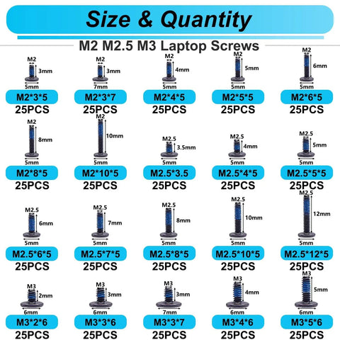 Chart showing size and quantity details for 500Pcs Laptop Screws Kit With Blue Nylok Self Locking Screws 20 Sizes M2 M2.5 M3 Ideal For Notebook Repair And Replacement Screws For Motherboard SSD PC Fan Hard Drive.