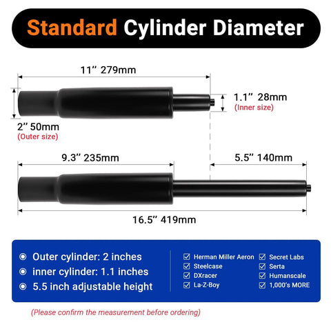 Diagram showing dimensions of Beefy 5.5 Inch Short Office Chair Cylinder Replacement With Heavy Duty 1000lbs Class 4 Hydraulic Lift