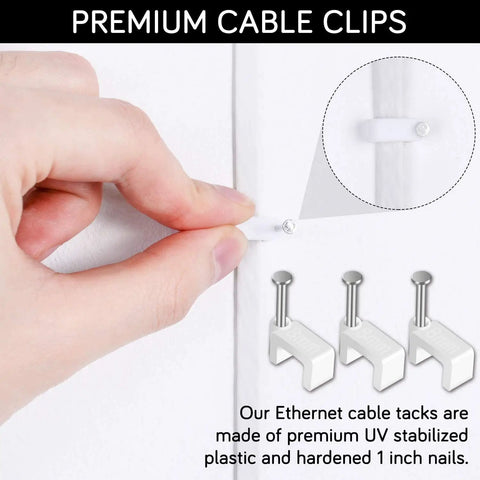 100 Pack 8mm Ethernet Cable Clips With Nails For Cat6 Cat7 Flat Cables White Durable UV Stabilized Plastic Cord Holders installed on wall