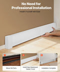 Person installing 5 Ft Baseboard Heater Cover, Heavy Duty Steel Front Panel for Electric Heating Unit in bedroom.