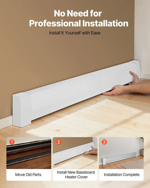 Person installing 5 Ft Baseboard Heater Cover, Heavy Duty Steel Front Panel for Electric Heating Unit in bedroom.