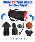 Extra Large Dive Gear Duffle Bag With Padded Removable Adjustable Shoulder Strap And Wrap Handle For Scuba Snorkeling Freediving Swimming And Beach Use Up To 120L Black Go To Gear Bag displayed with scuba and sports gear.