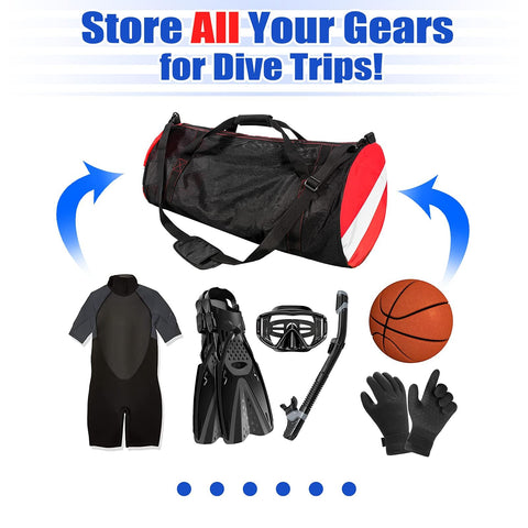 Extra Large Dive Gear Duffle Bag With Padded Removable Adjustable Shoulder Strap And Wrap Handle For Scuba Snorkeling Freediving Swimming And Beach Use Up To 120L Black Go To Gear Bag displayed with scuba and sports gear.