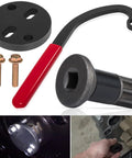 3-piece injection pump idle lock nut wrench kit with red-handled lever, black disk tool, and puller.