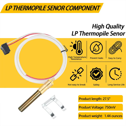 LP Thermopile sensor component for pilot burner assembly with white cable and brass probe, 750mV