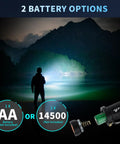 Man using 5 Pack SK68 Tactical Flashlights, 7W LED, 3-Mode Pocket Torch at night, showcasing battery options AA and 14500.
