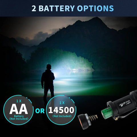 Man using 5 Pack SK68 Tactical Flashlights, 7W LED, 3-Mode Pocket Torch at night, showcasing battery options AA and 14500.