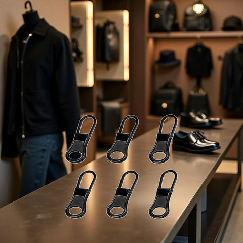 6 Pack Black Detachable Zipper Pull Replacements Kit For Jackets, Pants, Coats, Shoes, Bags And Luggage displayed on table