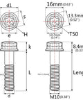 Technical diagram of Titanium Flange Bolts 12 Point Head M10 X 40mm Pack Of 4 Burnt Blue Grade 5 Titanium Alloy, dimensions labeled.