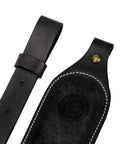 Close-up of Slip On Rifle Sling With Cartridge Holder Leather Gun Strap showing detailed stitching and button detail.