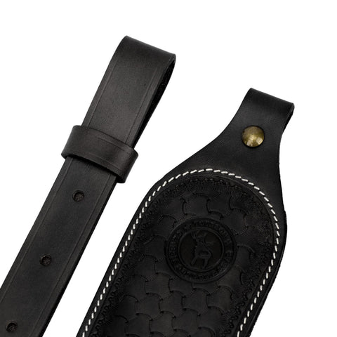 Close-up of Slip On Rifle Sling With Cartridge Holder Leather Gun Strap showing detailed stitching and button detail.