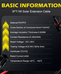 Basic information chart for 3 Ft 10 AWG Solar Extension Cable With Male And Female Connectors Waterproof Outdoor Solar Panel Cable Kit In Red And Black For Extending Your Solar System, Heavy Duty PE Jacket, Easy Plug And Play