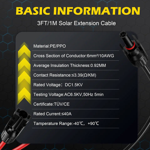 Basic information chart for 3 Ft 10 AWG Solar Extension Cable With Male And Female Connectors Waterproof Outdoor Solar Panel Cable Kit In Red And Black For Extending Your Solar System, Heavy Duty PE Jacket, Easy Plug And Play