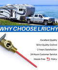 Close-up of Lrichy 1/2-in NPT temp/pressure relief valve for RV water heaters; brass body with extended probe and red hose