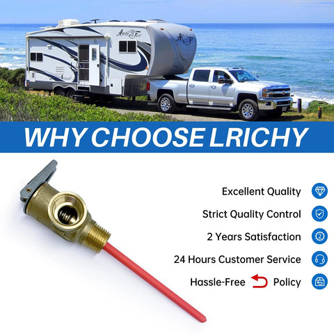 Close-up of Lrichy 1/2-in NPT temp/pressure relief valve for RV water heaters; brass body with extended probe and red hose
