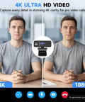 4K Webcam For PC With Built In Microphone, showing comparison of 4K vs 1080P video clarity during video calls.