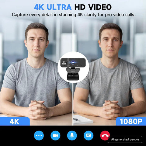 4K Webcam For PC With Built In Microphone, showing comparison of 4K vs 1080P video clarity during video calls.