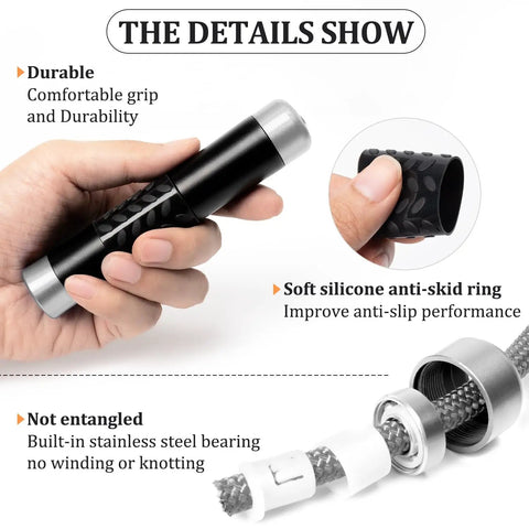 Weighted Jump Rope With Ball Bearing System 1 lb tangle free showing aluminum handle and anti-skid silicone ring details.