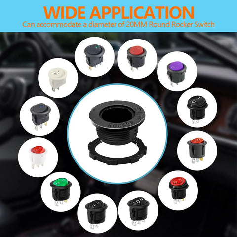 Durable Round Rocker Switch Shell Kit 6 Pack Black ABS injection molded housing with 20mm diameter switch examples shown