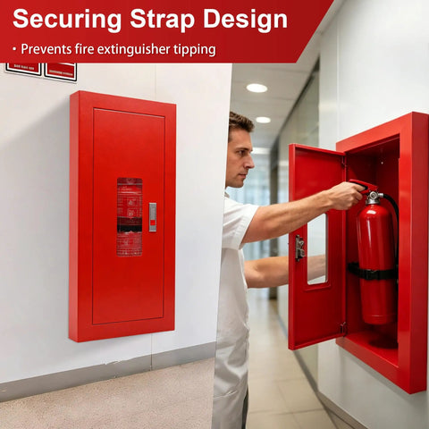 Sleek Semi Recessed Fire Extinguisher Cabinet With Quick Access Safety Door, featuring a securing strap design for stability.