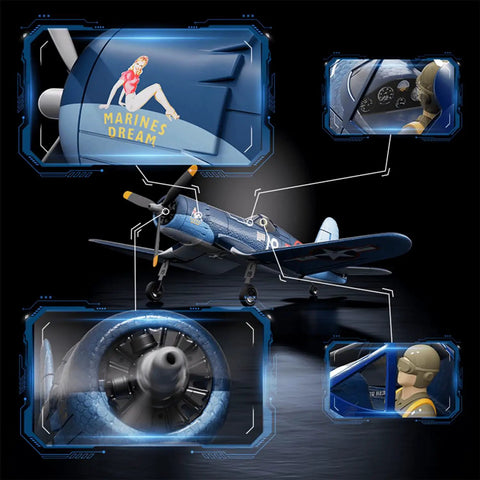 Details of Dope Brushless RC Plane Set With 1806 1900KV Motor, plane decals, cockpit, engine, and pilot figure
