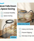 10X Magnifying Glass With Light And Stand, 144 LED desk lamp with table clamp and base, shown on wooden desk for crafts