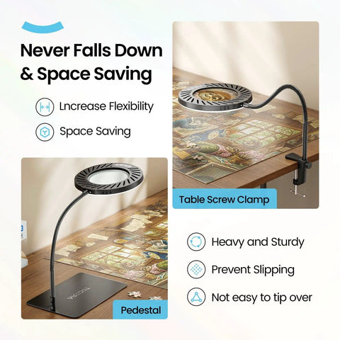 10X Magnifying Glass With Light And Stand, 144 LED desk lamp with table clamp and base, shown on wooden desk for crafts