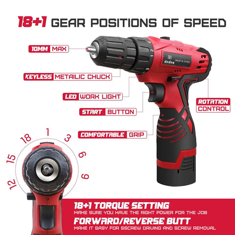 Cordless Hammer Drill Kit With 16.8V Power, highlighting 18+1 gear positions and keyless chuck, ergonomic grip visible