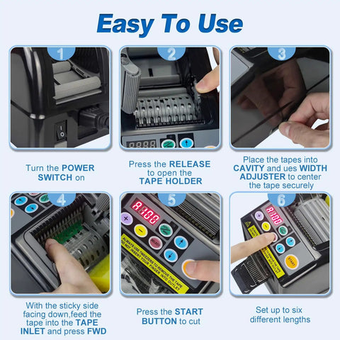 Step-by-step guide showing how to operate the Automatic Tape Dispenser And Ribbon Cutter With Smart Sensor And Memory Function 999mm Cut Length And 6 To 60mm Width A Real Workhorse For Office Shipping Home Restaurants And Small Businesses.