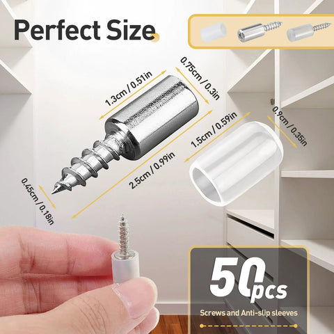 Close-up of Self Tapping Cabinet Screws And Shelf Pins With Anti Slip Sleeves Set 50 Screws And 50 Non Slip Sleeves, size details shown